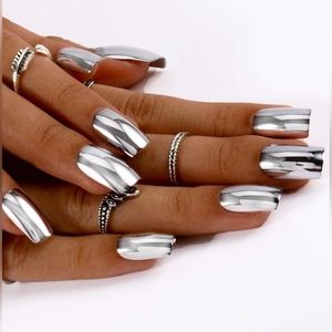 SILVER CHROME MIRROR PRESS ON GLUE ON NAILS 💅 SALON QUALITY GLUE & FILE